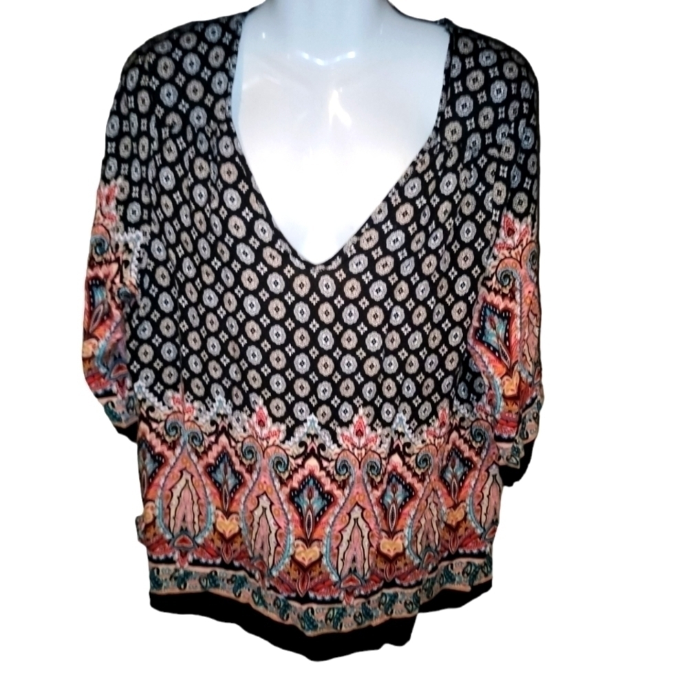 renee c. womens large boho patterned top black pink red cream coral